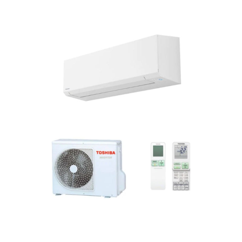 Ensemble climatiseur Toshiba SEIYA avec unité intérieure, groupe extérieur et télécommandes
